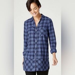 J. Jill Mixed Tartan Plaid Button Down Tunic Shirt 100% Cotton Blue Size XL